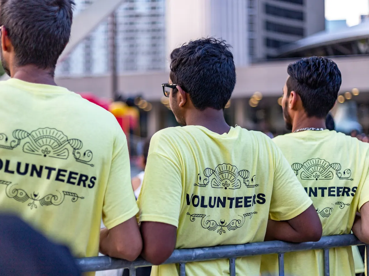 Volunteers in matching shirts at a community event