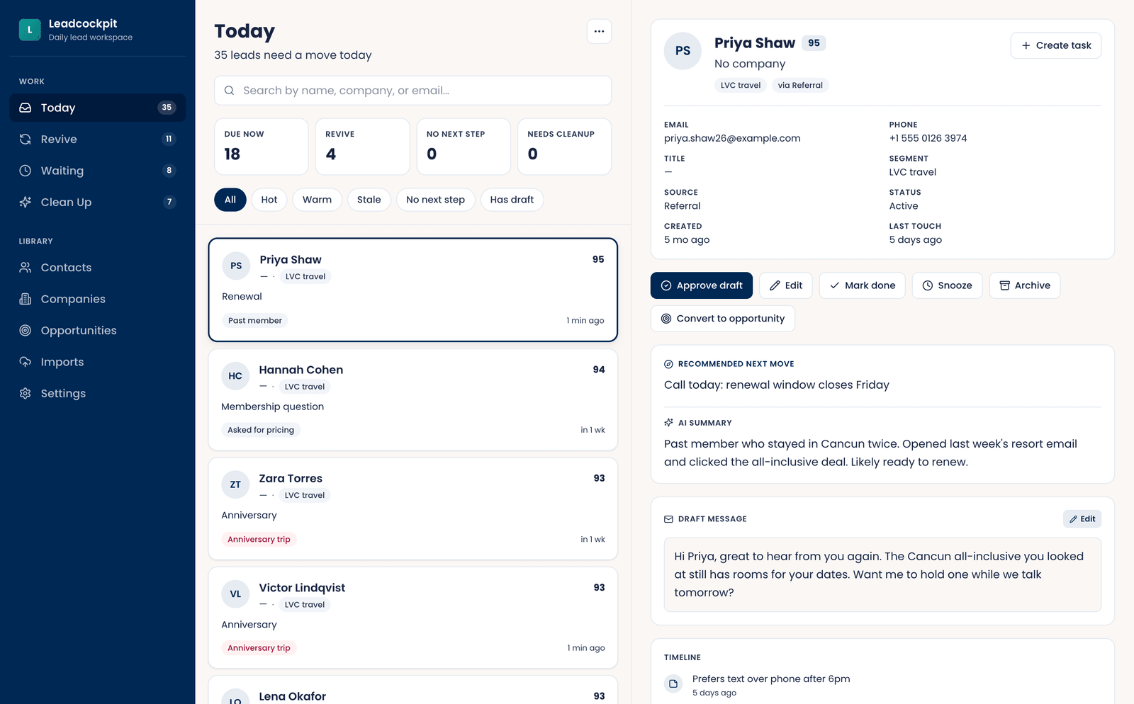 Leadcockpit CRM showing the ranked daily lead queue and a contact with a recommended next step, an AI summary and a drafted reply