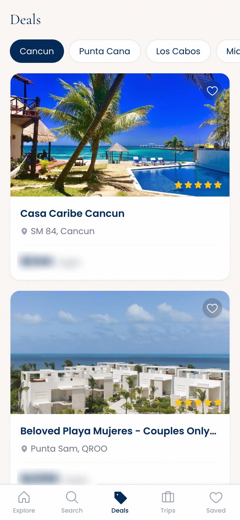 The deals tab of the member app on a phone, showing resort deal cards with prices blurred