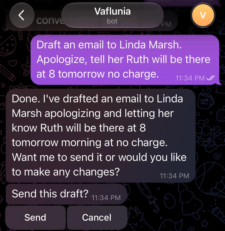 The assistant drafts an apology email to a customer and asks “Send this draft?” with Send and Cancel buttons