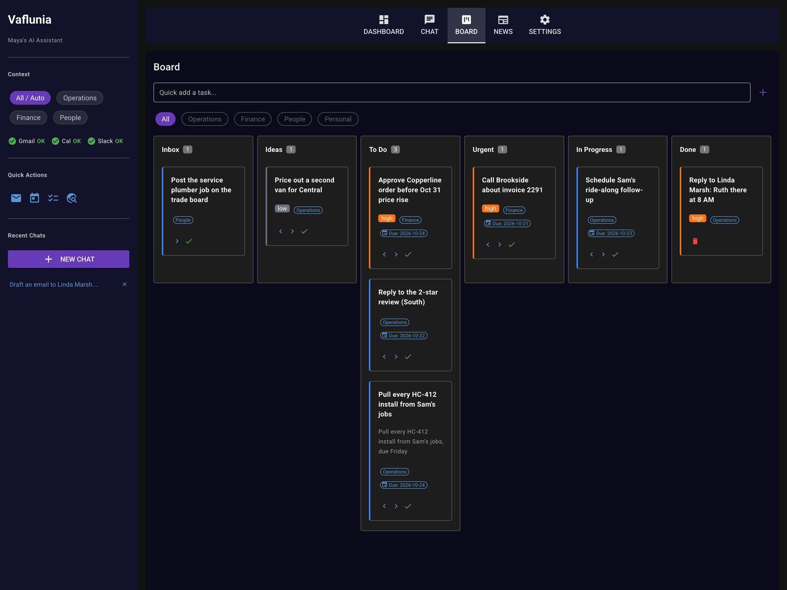 The Vaflunia desktop dashboard showing a task board with Inbox, Ideas, To Do, Urgent, In Progress and Done columns, including a task added from Telegram